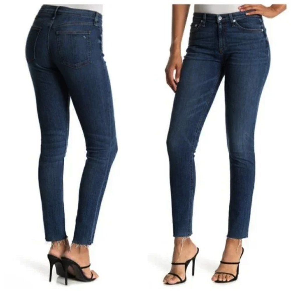 Rag & Bone Mid Rise Skinny Jeans Raw Hem Dark Wash Blue Size 26 Stretch